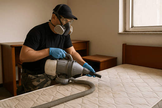 Дезинфектор на Инсект Контрол обработва общежитие против дървеници